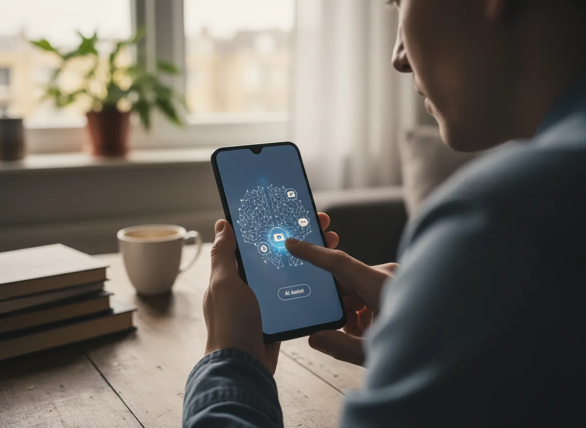 Pessoa interagindo com smartphone Samsung Galaxy A57 em mesa de madeira | Imagine Company - Agência de Marketing e Vendas em Goiânia - GO - BRASIL
