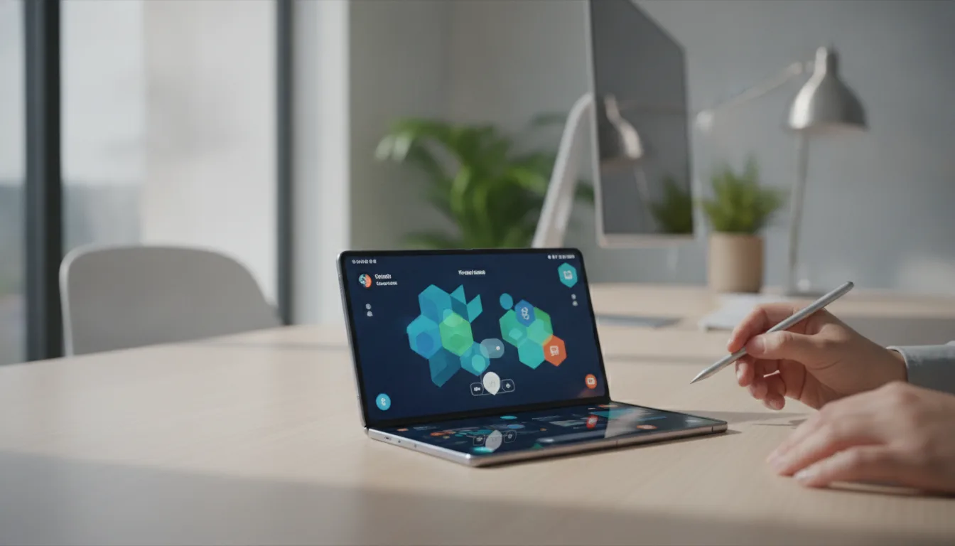 Samsung Galaxy Fold8 aberto como minitablet em mesa de escritório | Imagine Company - Agência de Marketing e Vendas em Goiânia - GO - BRASIL