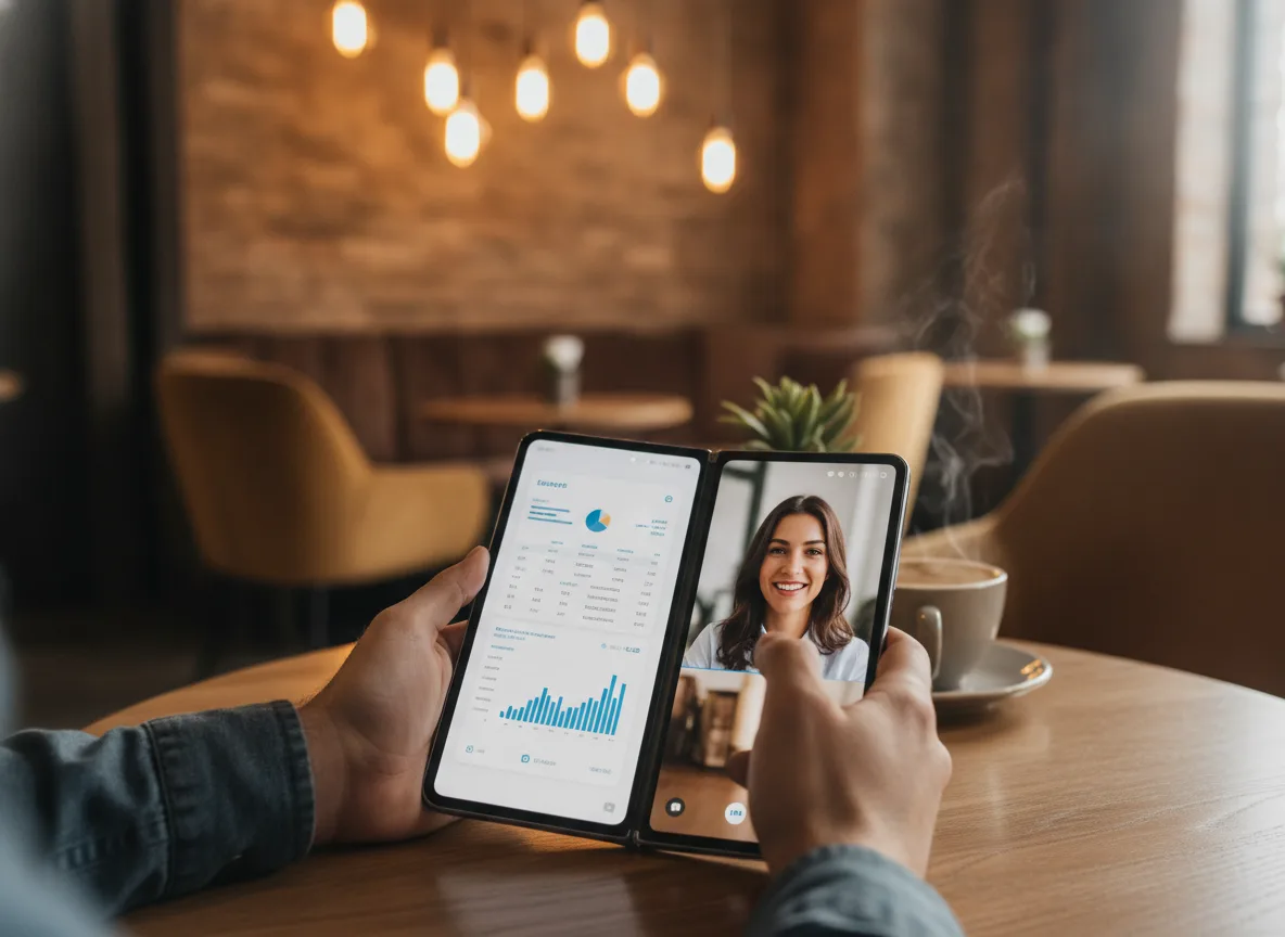 Pessoa usando Galaxy Fold8 dobrável com gráficos e videochamada em café | Imagine Company - Agência de Marketing e Vendas em Goiânia - GO - BRASIL