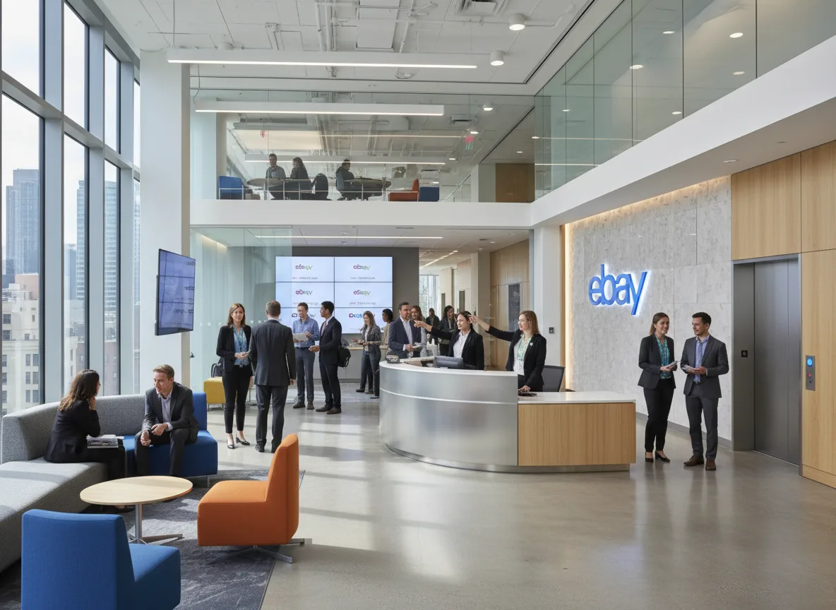 Recepção moderna do escritório do eBay com pessoas interagindo | Imagine Company - Agência de Marketing e Vendas em Goiânia - GO - BRASIL