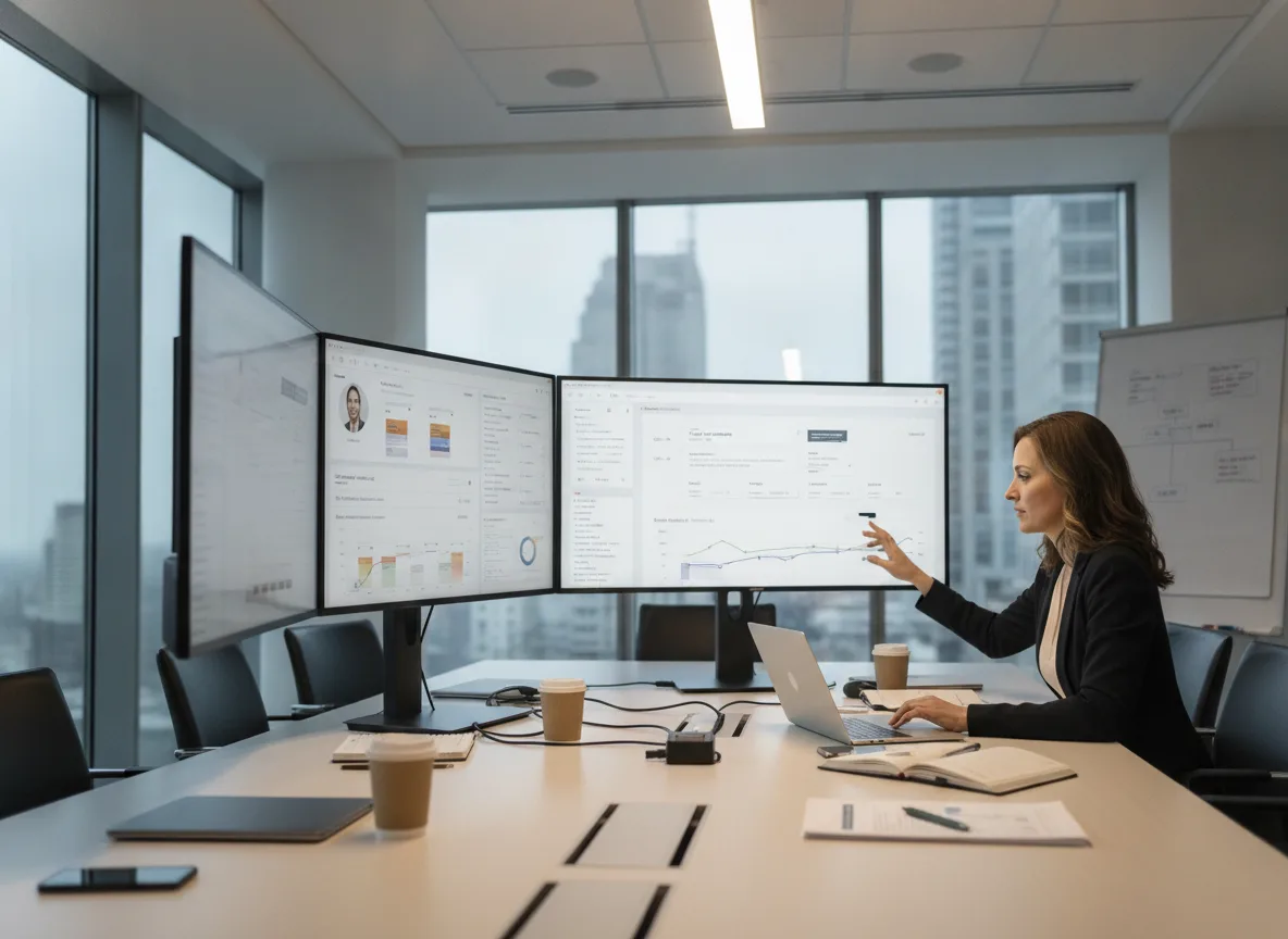 Mulher usando laptop com telas de dados no escritório | Imagine Company - Agência de Marketing e Vendas em Goiânia - GO - BRASIL