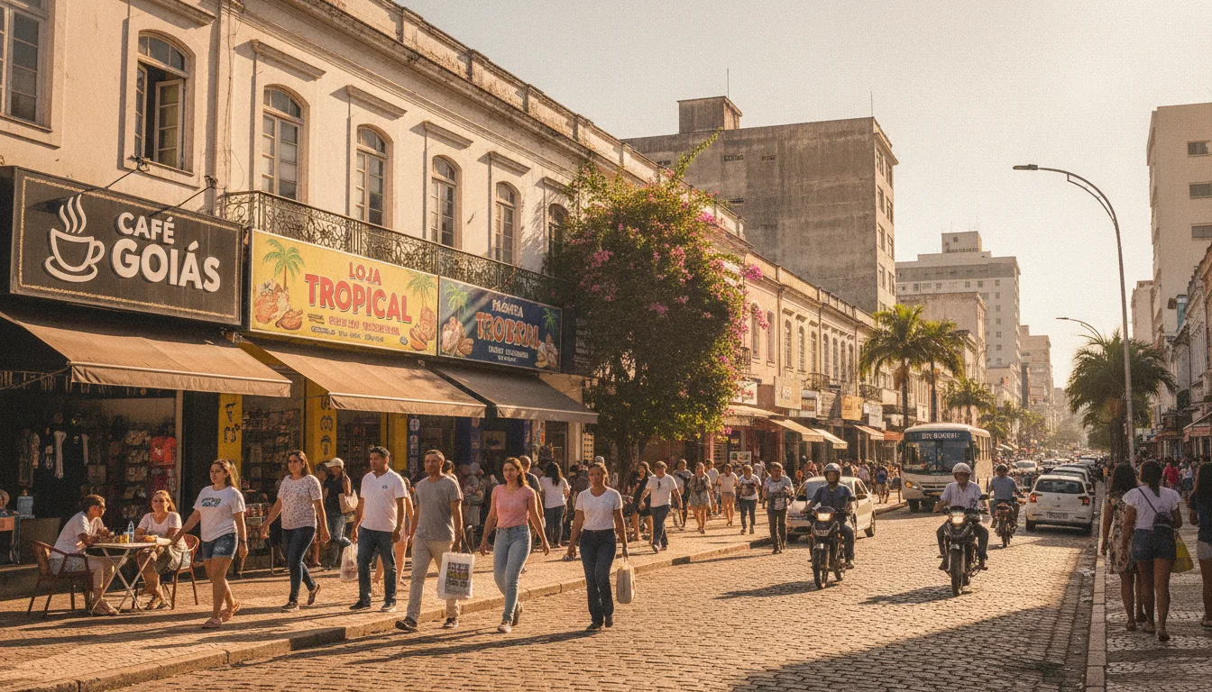 Pessoas caminhando em rua comercial de Goiânia com lojas e cafés. | Imagine Company - Agência de Marketing e Vendas em Goiânia - GO - BRASIL