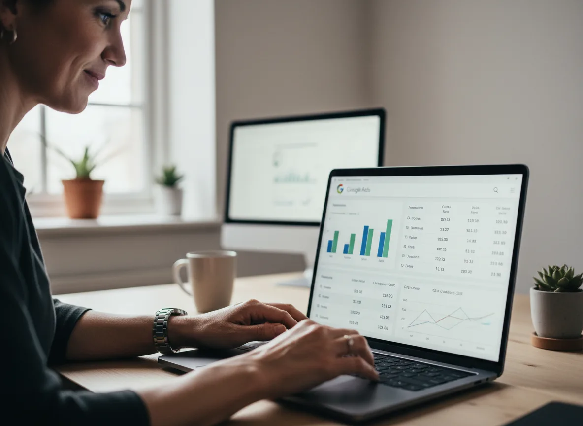 Mulher analisando gráficos de campanhas de tráfego pago no Google Ads em um laptop. | Imagine Company - Agência de Marketing e Vendas em Goiânia - GO - BRASIL