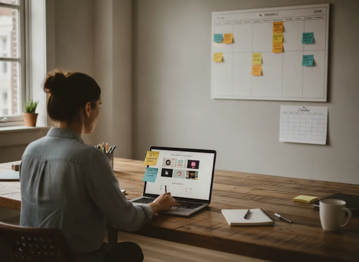 Pessoa trabalhando em laptop com gráficos de marketing em escritório | Imagine Company - Agência de Marketing e Vendas em Goiânia - GO - BRASIL