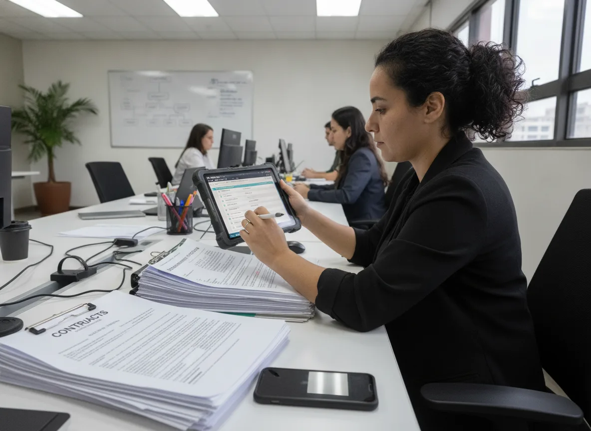 Mulher usando tablet em escritório moderno para gestão de clientes | Imagine Company - Agência de Marketing e Vendas em Goiânia - GO - BRASIL