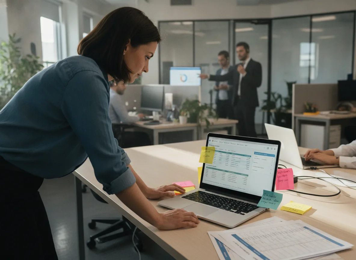 Mulher em escritório analisando dados no laptop, equipe ao fundo | Imagine Company - Agência de Marketing e Vendas em Goiânia - GO - BRASIL