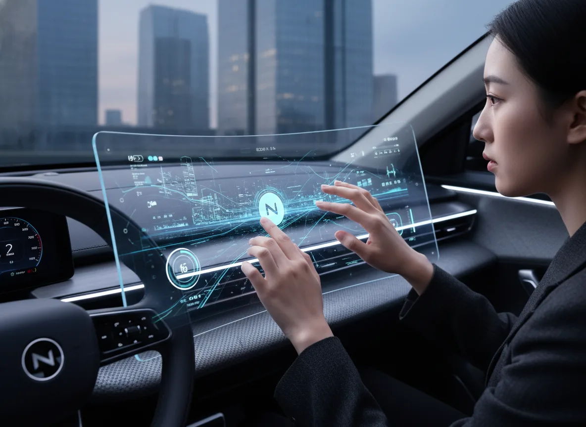 Mulher interagindo com painel digital em carro elétrico moderno | Imagine Company - Agência de Marketing e Vendas em Goiânia - GO - BRASIL