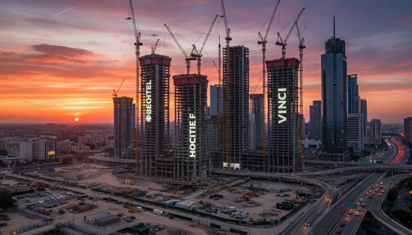 Arranha-céus em construção com guindastes ao pôr do sol | Imagine Company - Agência de Marketing e Vendas em Goiânia - GO - BRASIL