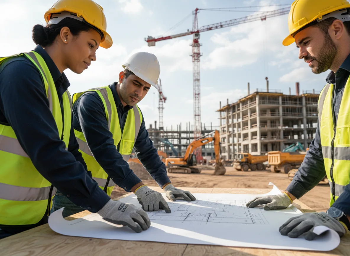 Engenheiros com capacetes e coletes analisam planta em obra com guindastes ao fundo | Imagine Company - Agência de Marketing e Vendas em Goiânia - GO - BRASIL