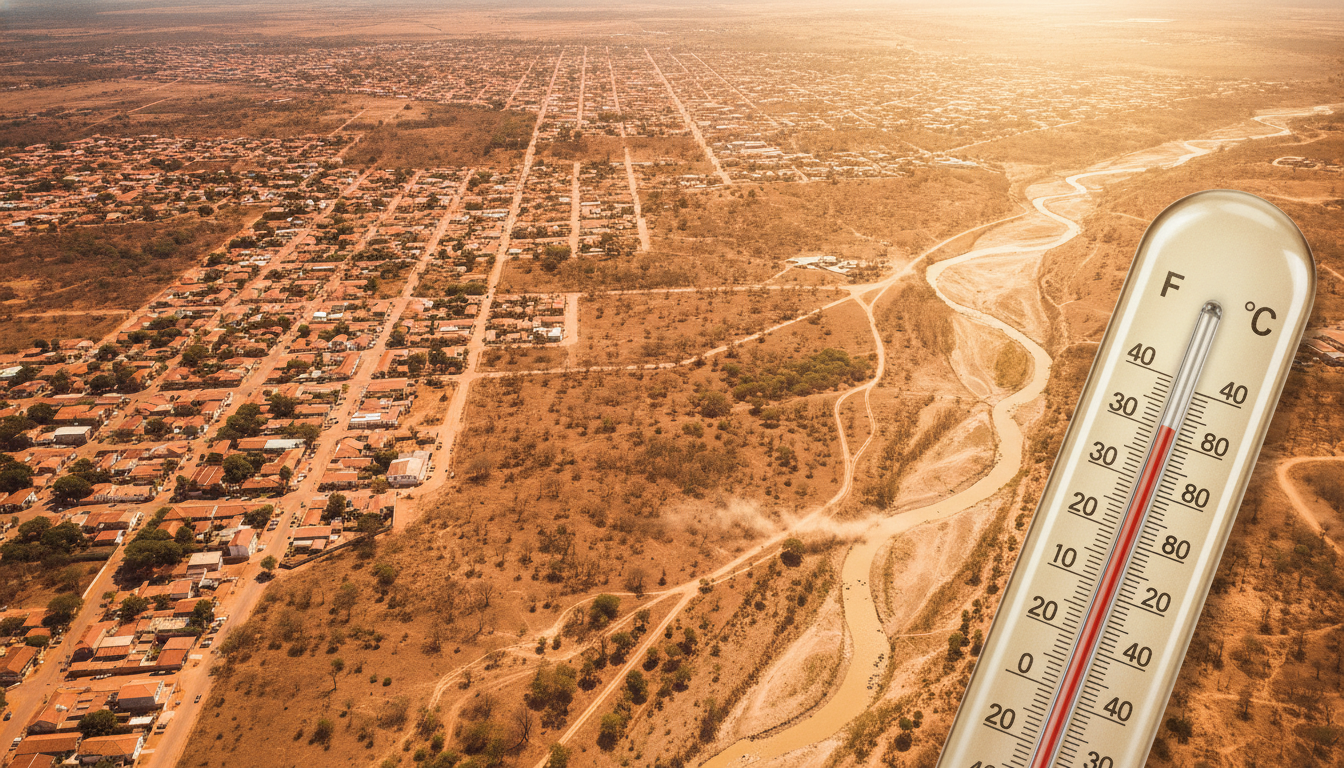 Imagem aérea de Goiás com termômetro indicando calor intenso | Imagine Company - Agência de Marketing e Vendas em Goiânia - GO - BRASIL