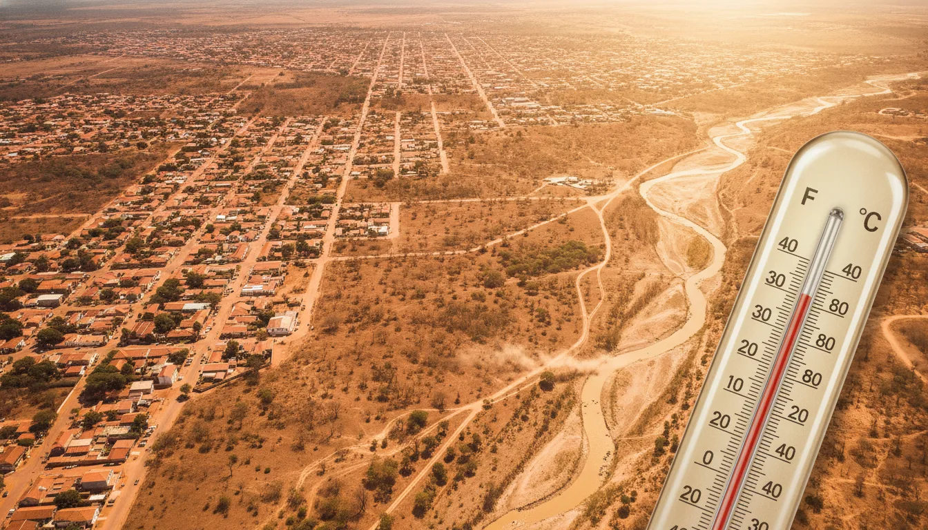 Imagem aérea de Goiás com termômetro indicando calor intenso | Imagine Company - Agência de Marketing e Vendas em Goiânia - GO - BRASIL
