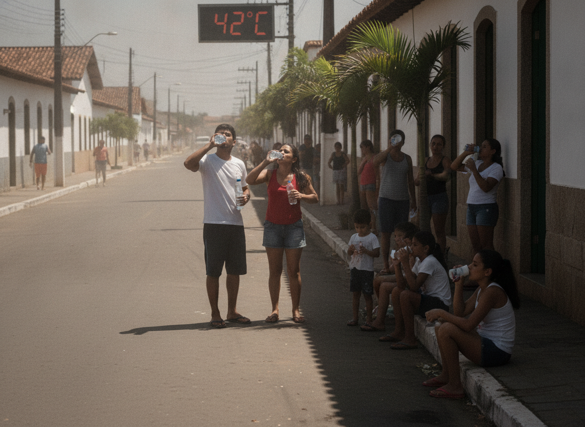 Grupo de pessoas bebendo água em rua sob calor de 42°C em Goiás. | Imagine Company - Agência de Marketing e Vendas em Goiânia - GO - BRASIL