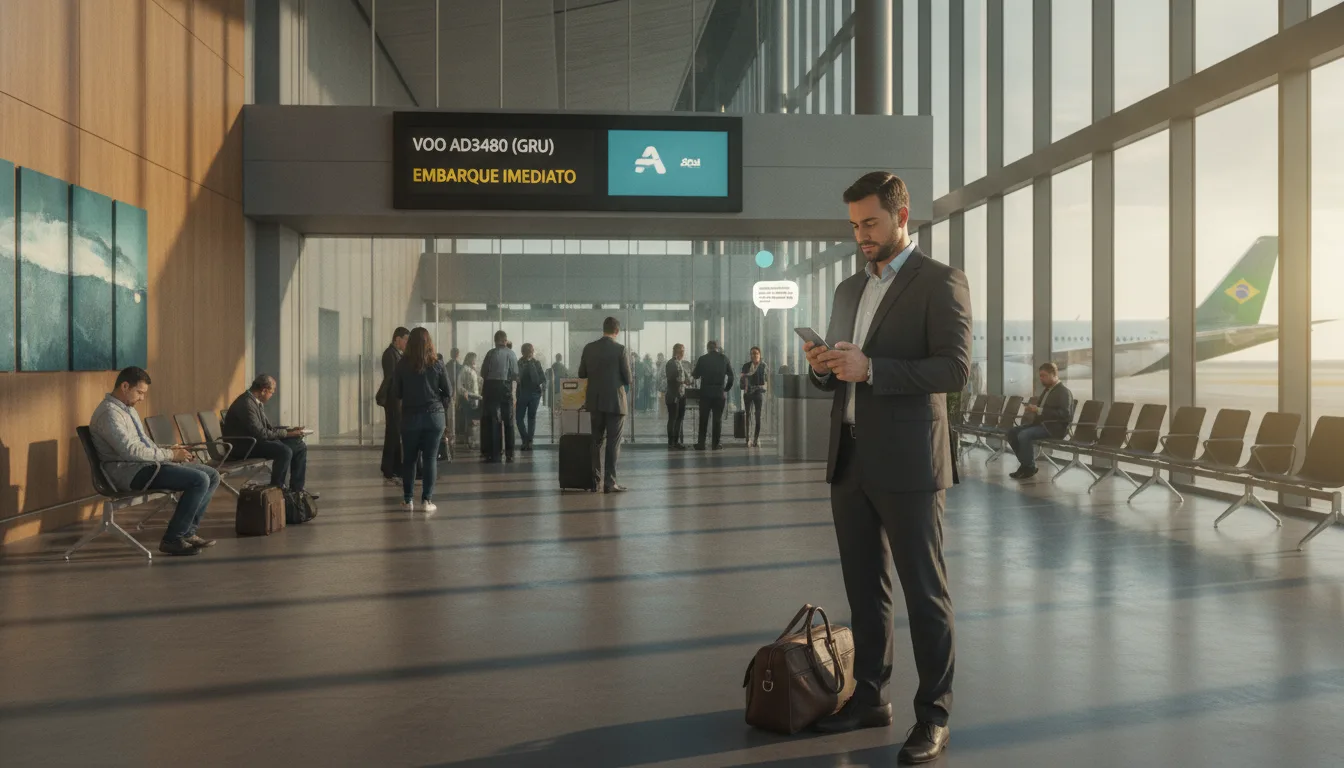 Homem usando celular para check-in no aeroporto, Gol destaca inovação | Imagine Company - Agência de Marketing e Vendas em Goiânia - GO - BRASIL