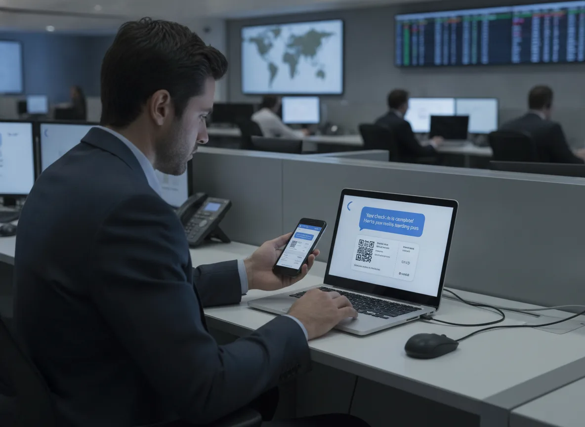 Homem faz check-in da Gol em laptop e celular em escritório | Imagine Company - Agência de Marketing e Vendas em Goiânia - GO - BRASIL
