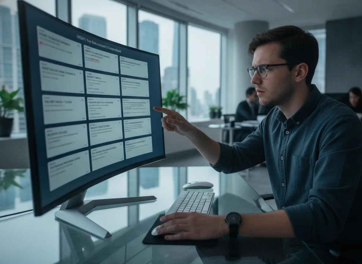 Homem usando computador para analisar golpes bancários com IA. | Imagine Company - Agência de Marketing e Vendas em Goiânia - GO - BRASIL
