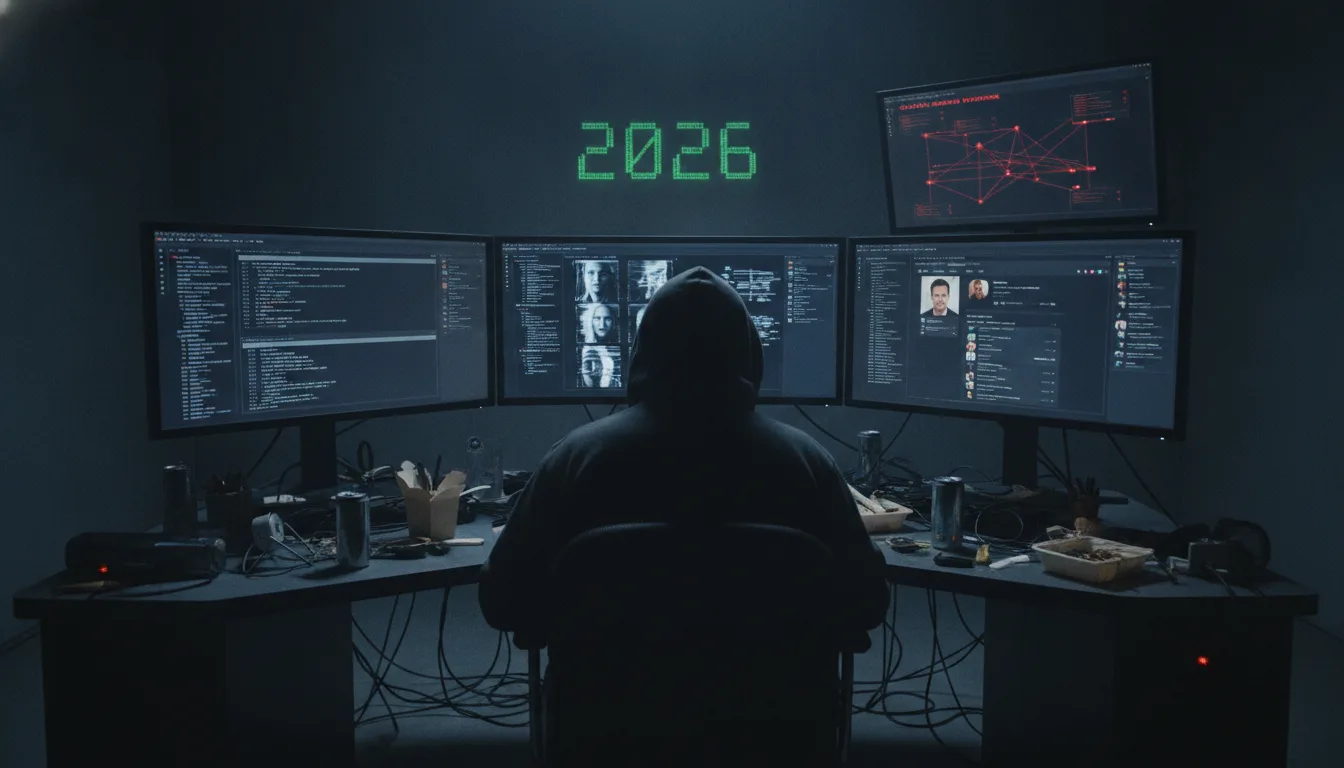 Hacker em ambiente escuro com vários monitores mostrando dados | Imagine Company - Agência de Marketing e Vendas em Goiânia - GO - BRASIL