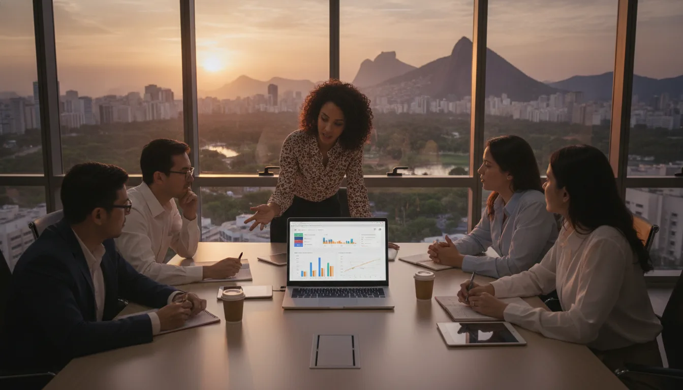 Pessoas em reunião de negócios com gráficos no laptop e vista do Rio de Janeiro | Imagine Company - Agência de Marketing e Vendas em Goiânia - GO - BRASIL