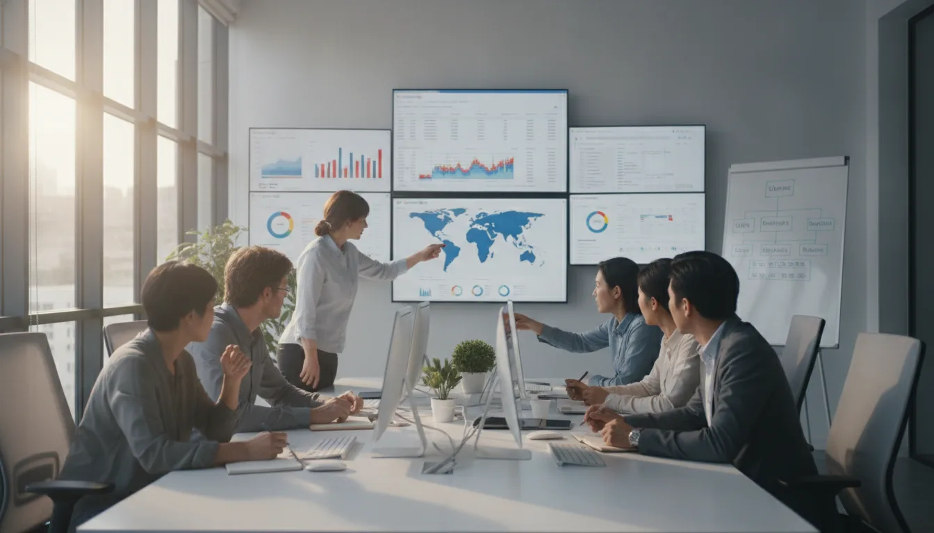 Pessoas em reunião analisando gráficos de dados em telas grandes. | Imagine Company - Agência de Marketing e Vendas em Goiânia - GO - BRASIL