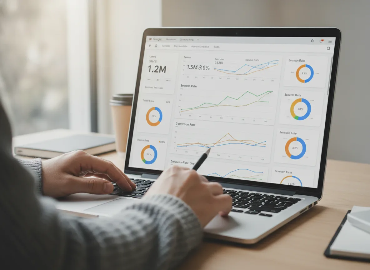 Pessoa usando laptop com gráficos do Google Analytics para otimização | Imagine Company - Agência de Marketing e Vendas em Goiânia - GO - BRASIL