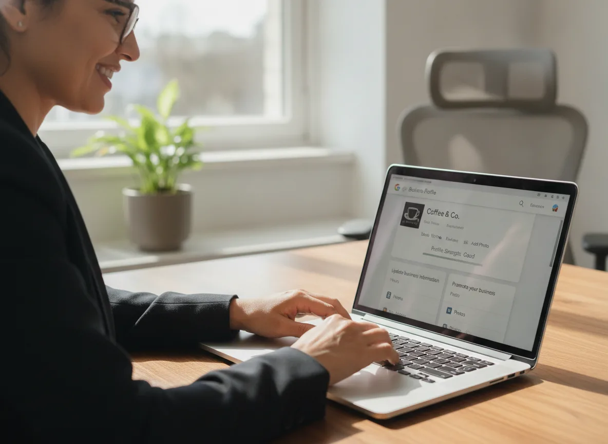 Mulher trabalhando em SEO local no Google Business em laptop | Imagine Company - Agência de Marketing e Vendas em Goiânia - GO - BRASIL