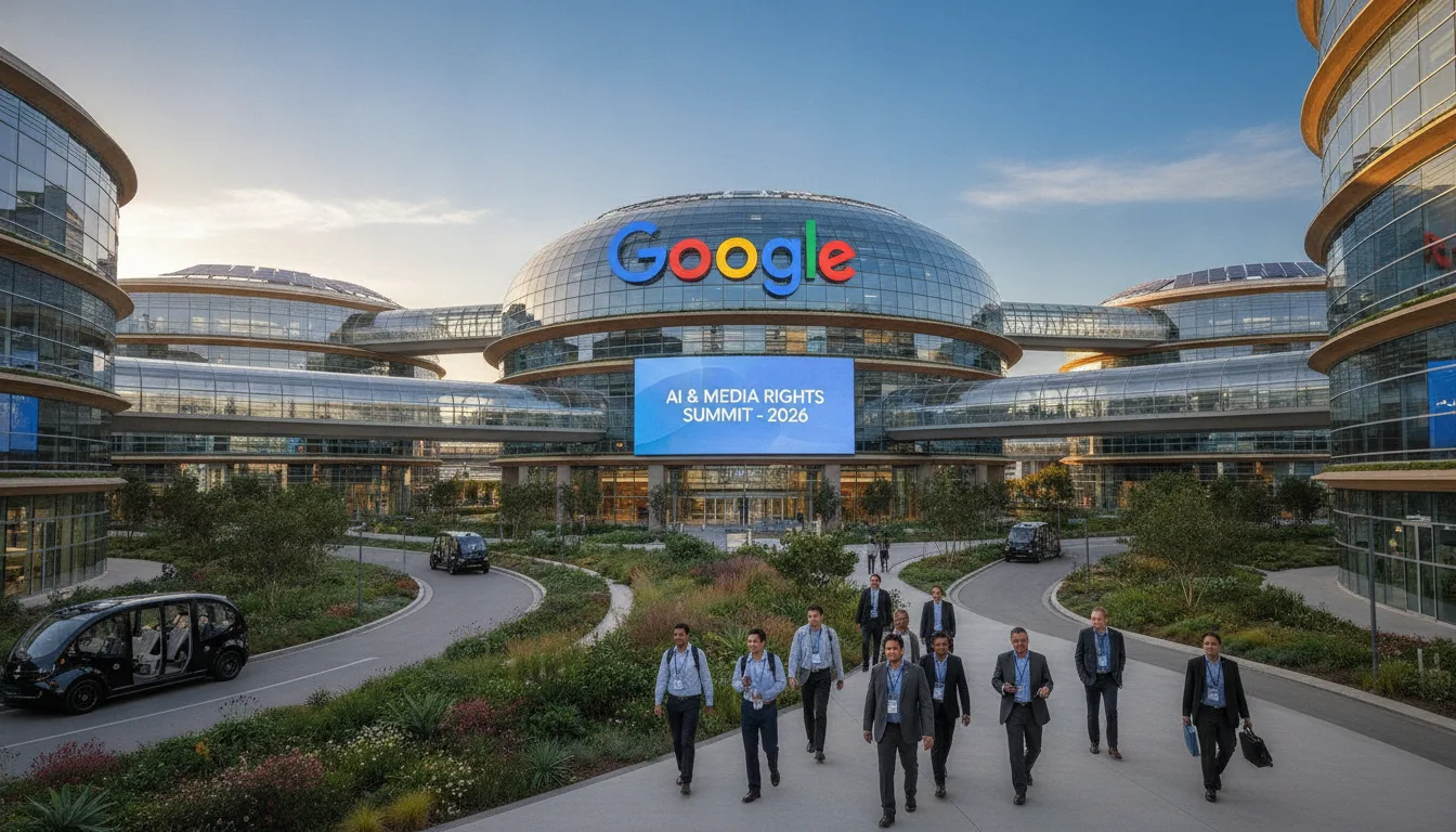 Entrada do prédio do Google com banner de evento sobre IA e direitos de mídia | Imagine Company - Agência de Marketing e Vendas em Goiânia - GO - BRASIL