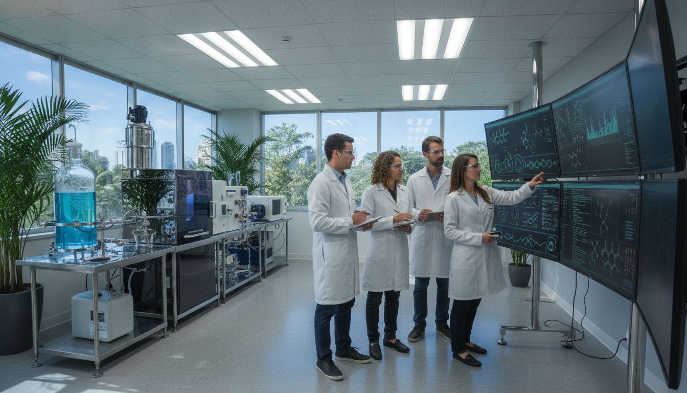 Cientistas analisam dados em laboratório moderno com equipamentos avançados | Imagine Company - Agência de Marketing e Vendas em Goiânia - GO - BRASIL