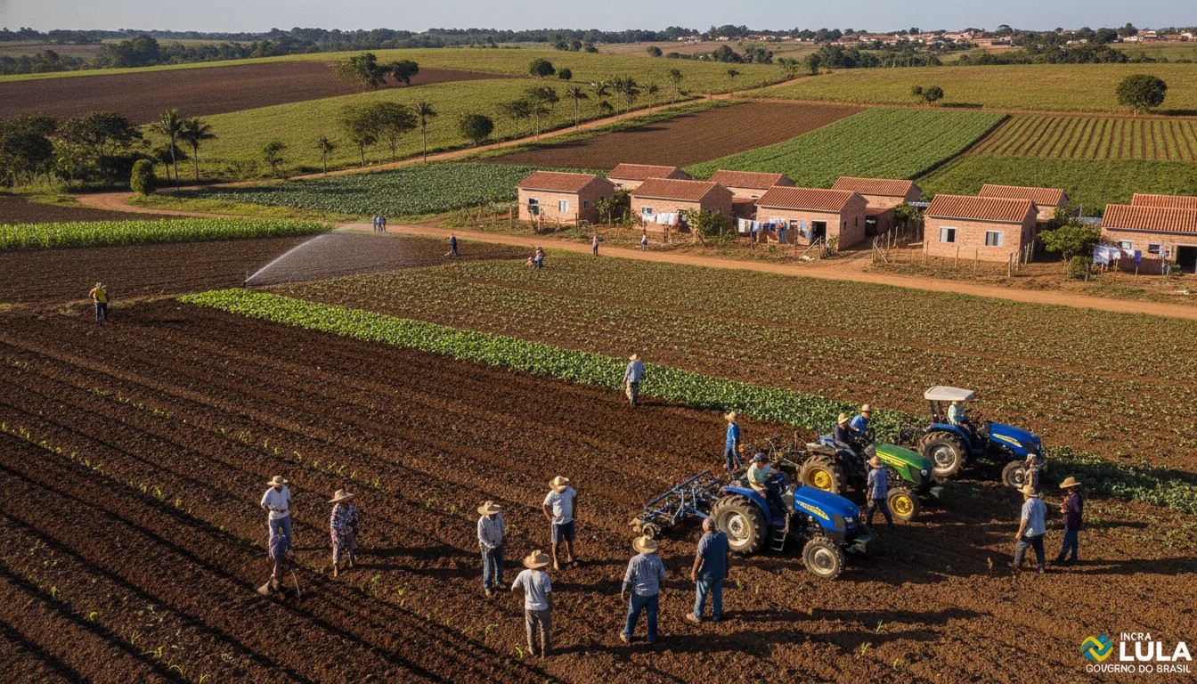 Tratores e trabalhadores rurais em campo de plantação com casas ao fundo | Imagine Company - Agência de Marketing e Vendas em Goiânia - GO - BRASIL