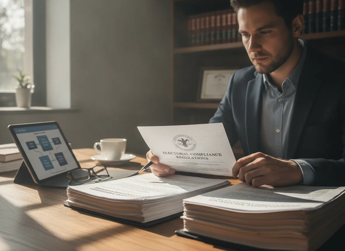 Homem em escritório revisa documentos de conformidade eleitoral | Imagine Company - Agência de Marketing e Vendas em Goiânia - GO - BRASIL