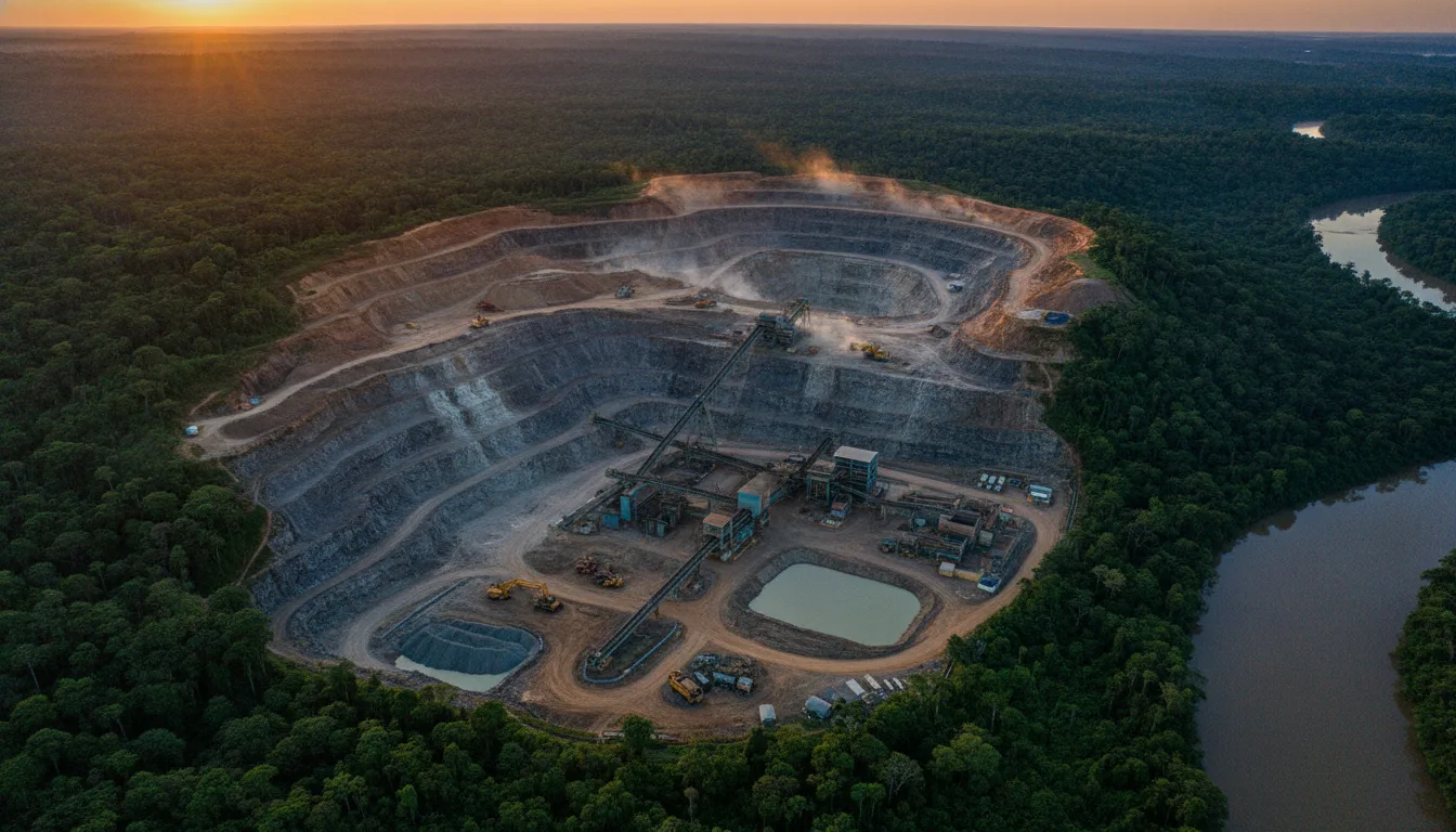 Imagem aérea de uma mina a céu aberto cercada por floresta densa ao pôr do sol | Imagine Company - Agência de Marketing e Vendas em Goiânia - GO - BRASIL