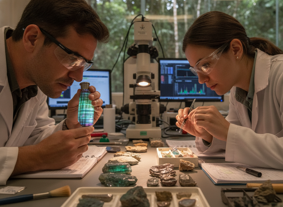 Dois cientistas em laboratório analisando minerais com equipamentos | Imagine Company - Agência de Marketing e Vendas em Goiânia - GO - BRASIL