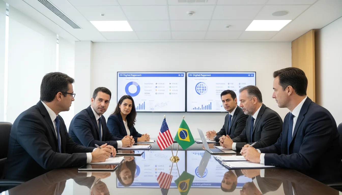 Reunião com bandeiras dos EUA e Brasil discutindo pagamentos digitais | Imagine Company - Agência de Marketing e Vendas em Goiânia - GO - BRASIL