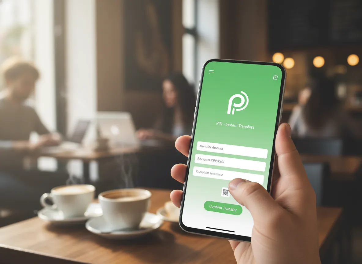 Pessoa segurando celular com aplicativo Pix aberto em um café | Imagine Company - Agência de Marketing e Vendas em Goiânia - GO - BRASIL