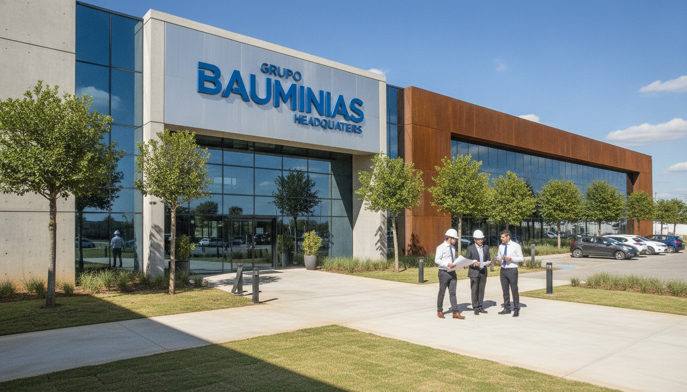 Fachada da sede do Grupo Bauminas com três pessoas na entrada | Imagine Company - Agência de Marketing e Vendas em Goiânia - GO - BRASIL