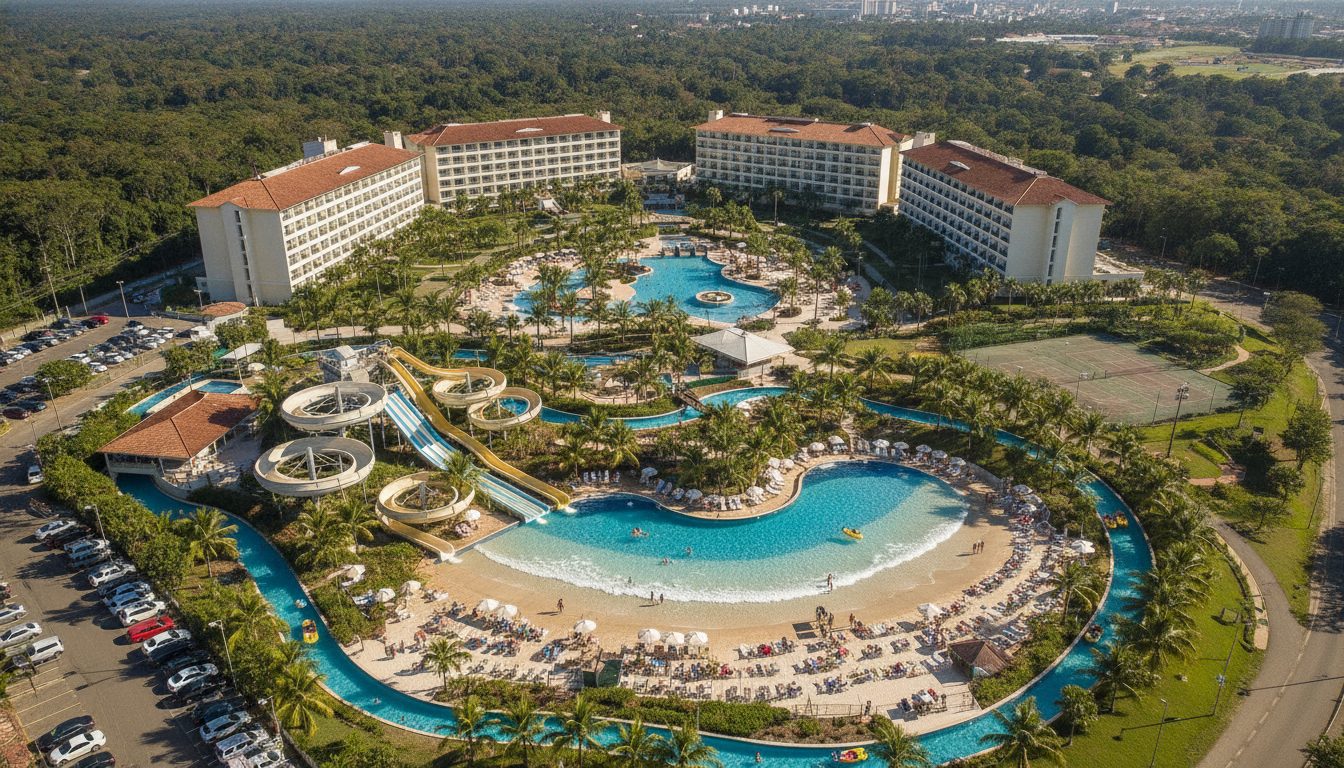 Imagem aérea do Resort Mabu com piscinas e área verde | Imagine Company - Agência de Marketing e Vendas em Goiânia - GO - BRASIL