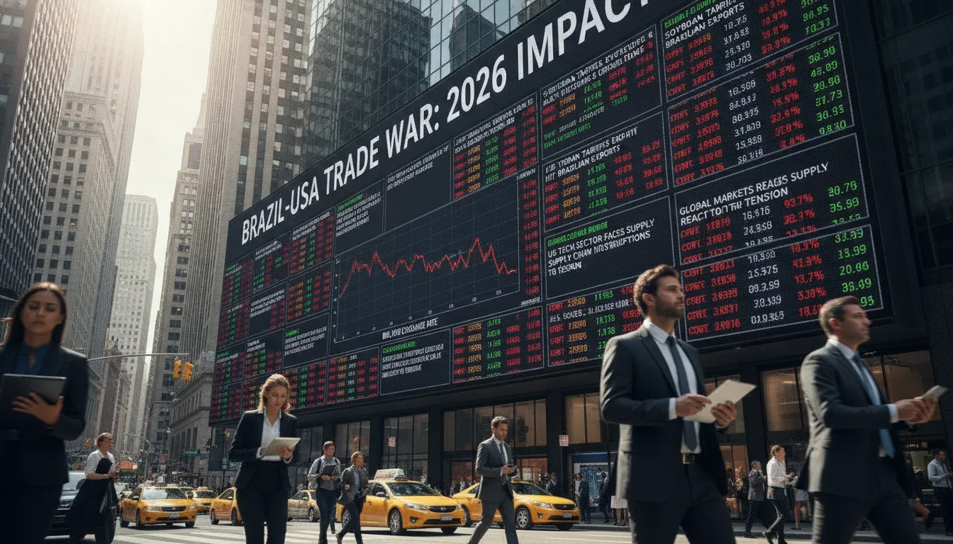 Pessoas em frente a painel de mercado financeiro destacando guerra comercial Brasil-EUA 2026 | Imagine Company - Agência de Marketing e Vendas em Goiânia - GO - BRASIL