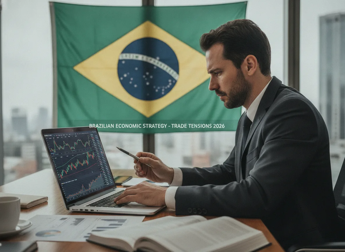 Homem analisa gráficos econômicos em laptop com bandeira do Brasil ao fundo. | Imagine Company - Agência de Marketing e Vendas em Goiânia - GO - BRASIL