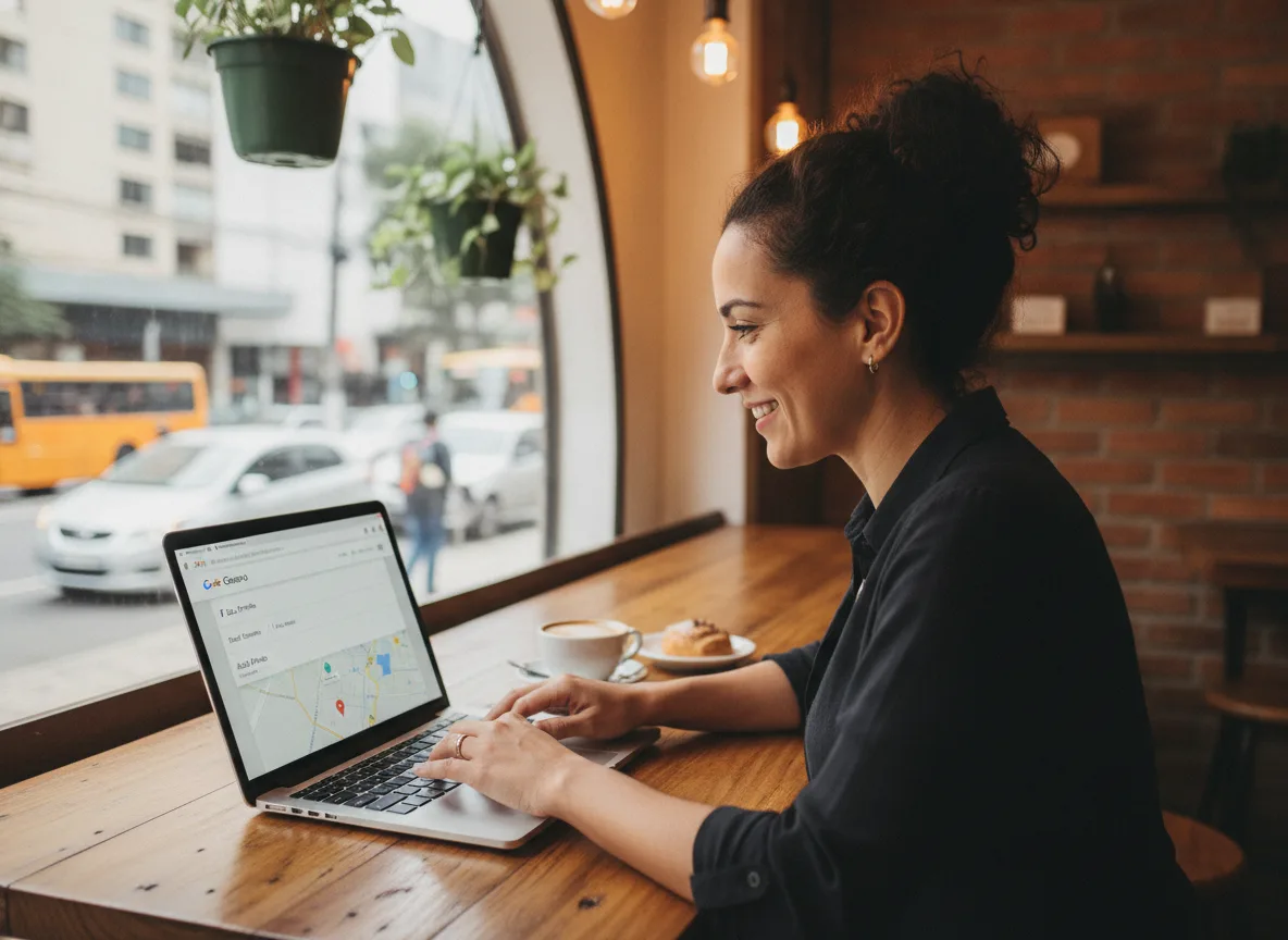 Mulher usando laptop com Google Business em café, Goiânia. | Imagine Company - Agência de Marketing e Vendas em Goiânia - GO - BRASIL