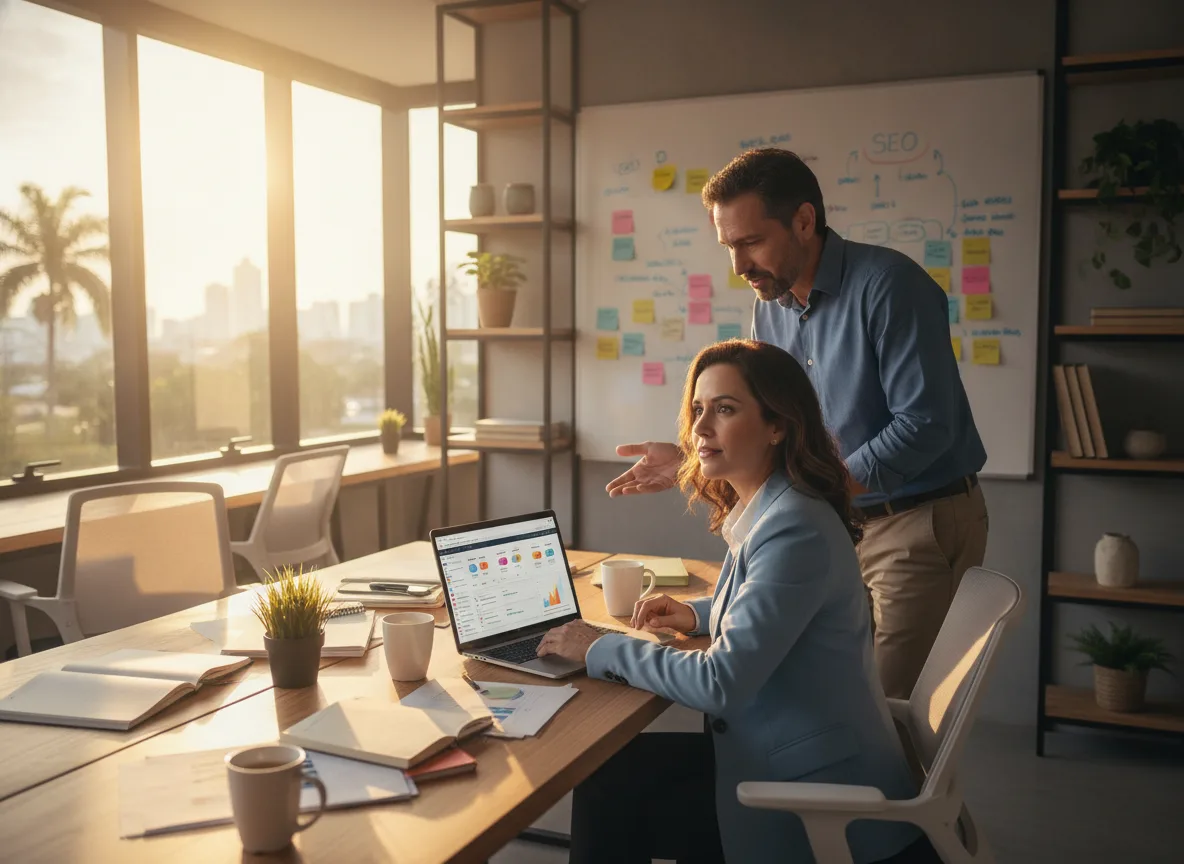 Duas pessoas analisando dados de SEO em um laptop em escritório iluminado | Imagine Company - Agência de Marketing e Vendas em Goiânia - GO - BRASIL