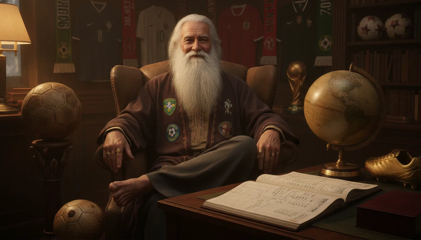 Homem idoso com barba longa em sala decorada com troféus e camisas de futebol | Imagine Company - Agência de Marketing e Vendas em Goiânia - GO - BRASIL