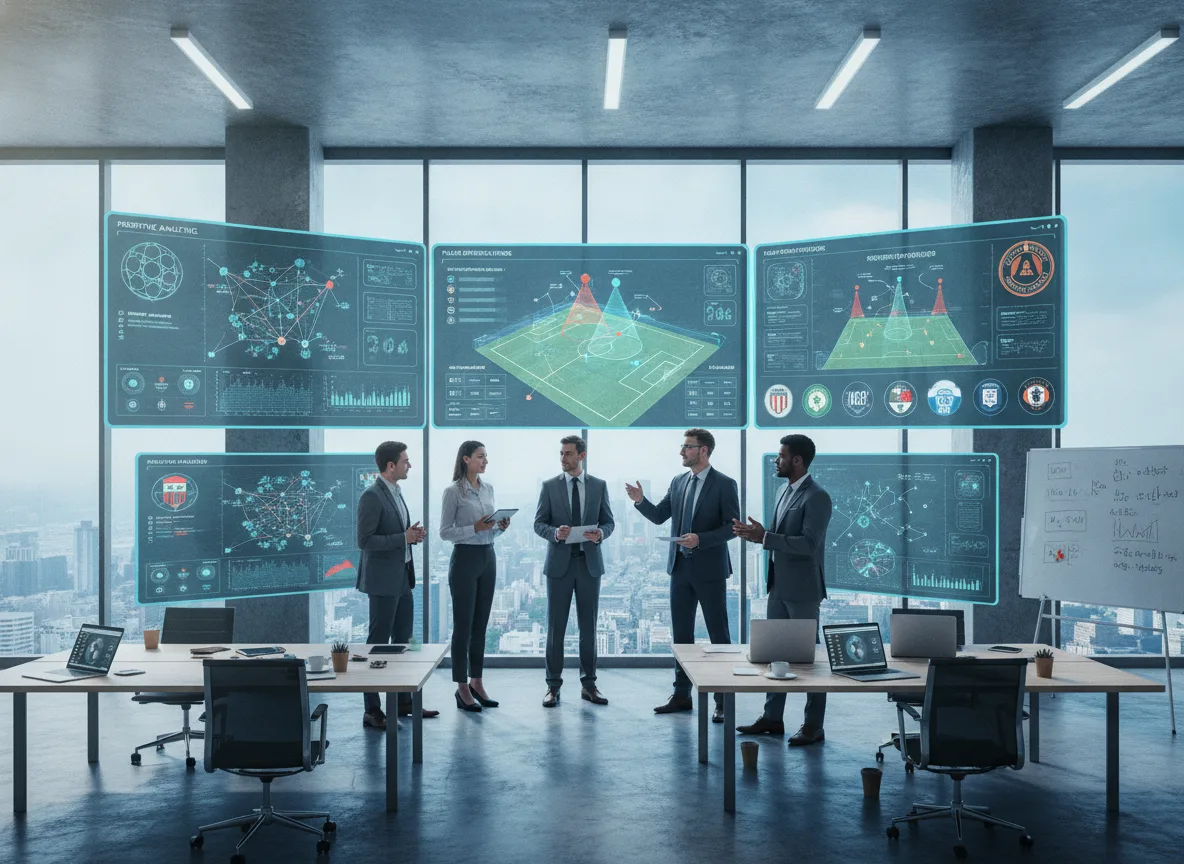 Grupo de pessoas analisando dados de futebol em escritório com telas digitais | Imagine Company - Agência de Marketing e Vendas em Goiânia - GO - BRASIL