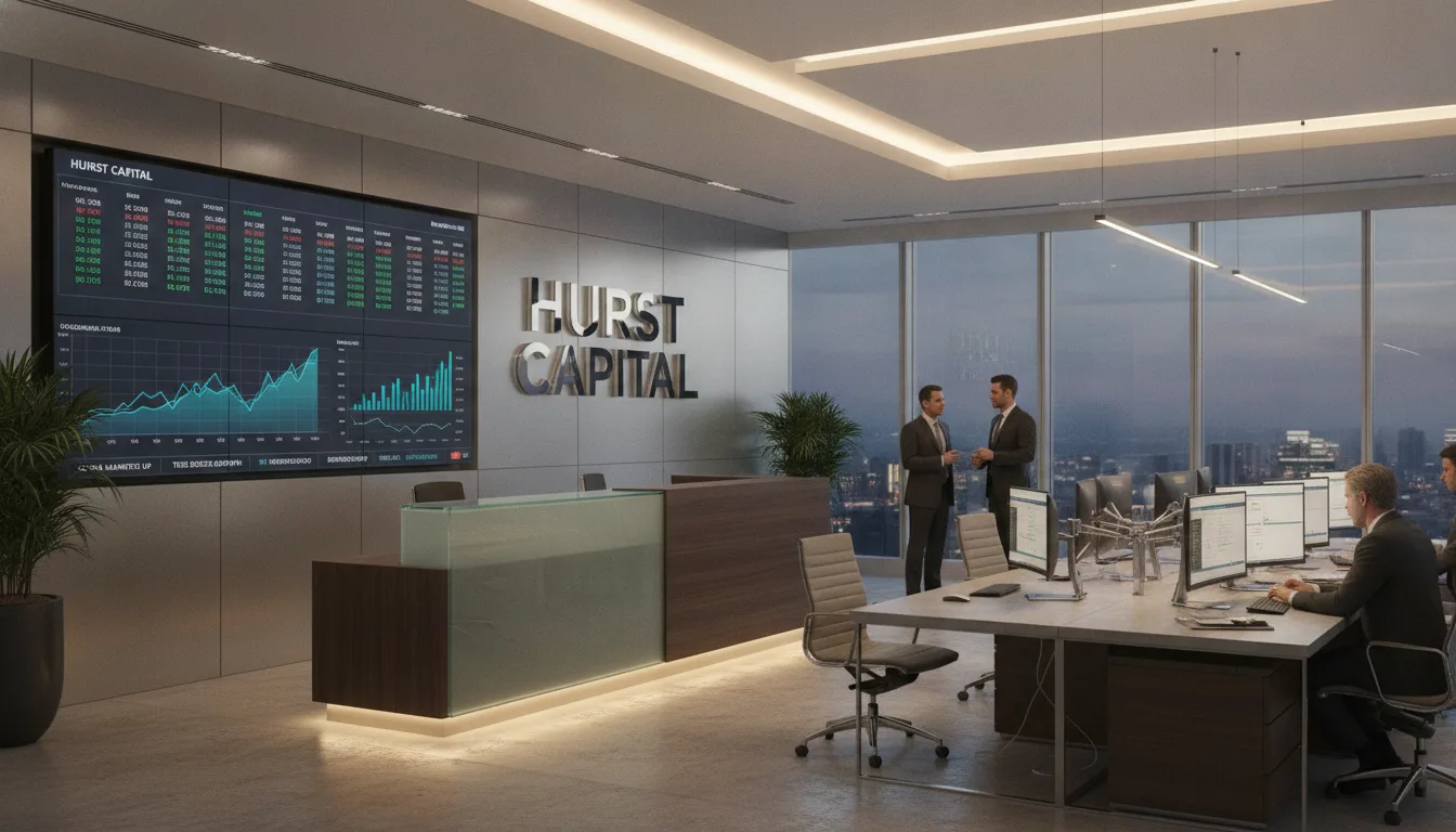 Interior de escritório da Hurst Capital com gráficos de mercado e executivos | Imagine Company - Agência de Marketing e Vendas em Goiânia - GO - BRASIL