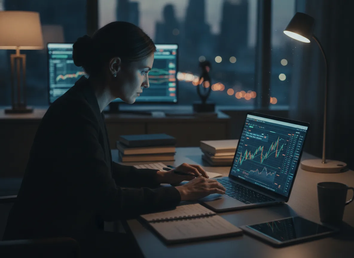 Mulher analisando gráficos financeiros em laptop em escritório moderno | Imagine Company - Agência de Marketing e Vendas em Goiânia - GO - BRASIL