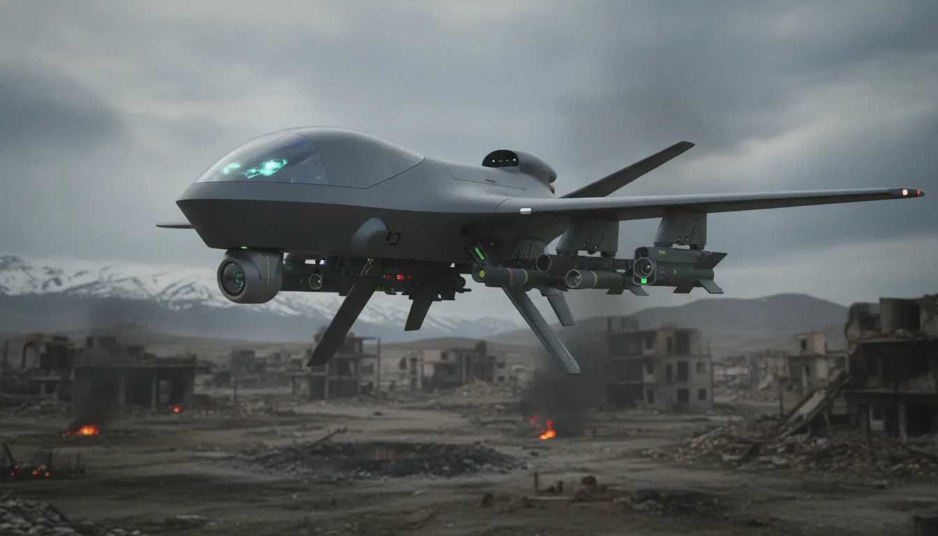 Drone militar voando sobre ruínas em cenário de guerra | Imagine Company - Agência de Marketing e Vendas em Goiânia - GO - BRASIL