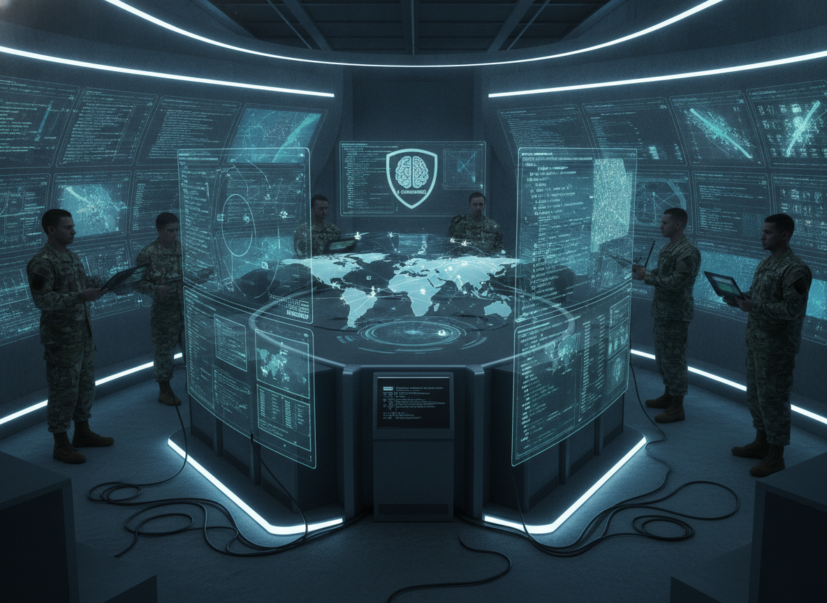 Militares em sala de controle com tecnologia de IA em tela, discutindo estratégias | Imagine Company - Agência de Marketing e Vendas em Goiânia - GO - BRASIL