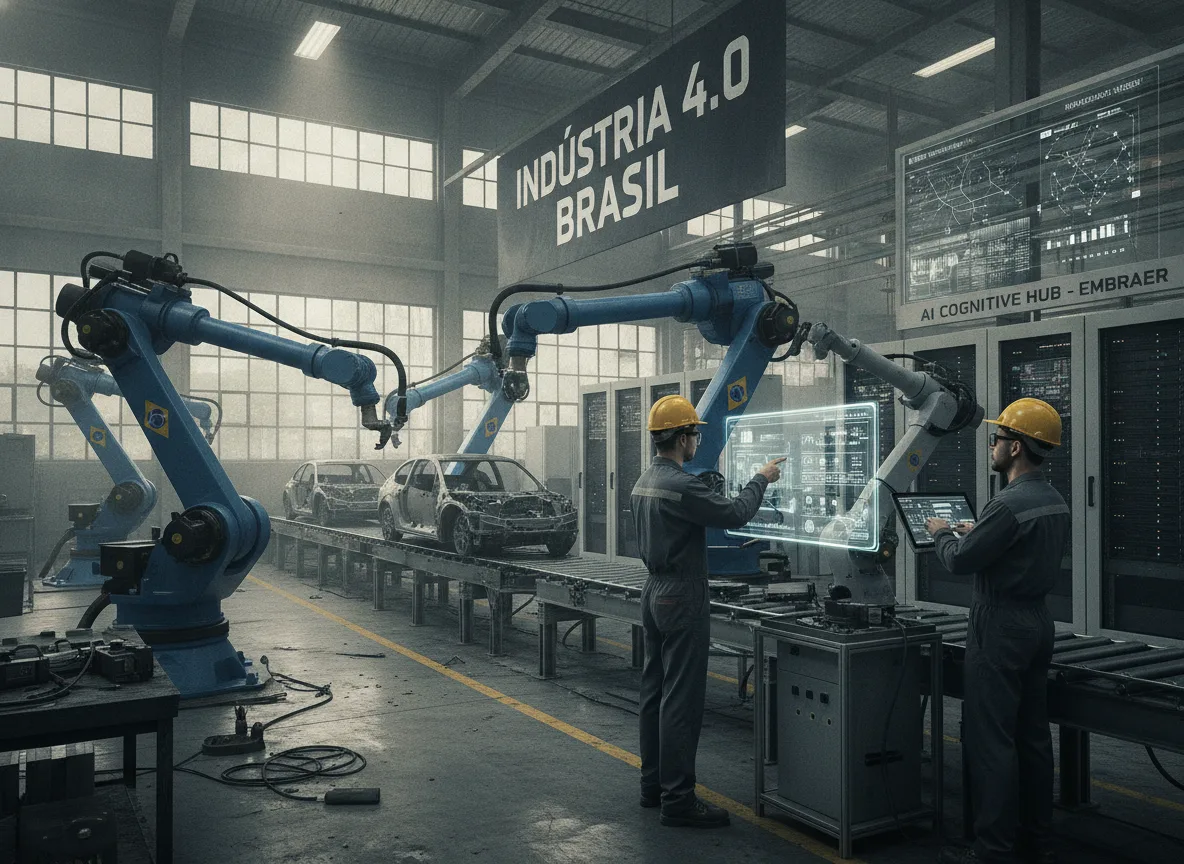Robôs industriais em fábrica no Brasil, simbolizando Indústria 4.0 | Imagine Company - Agência de Marketing e Vendas em Goiânia - GO - BRASIL