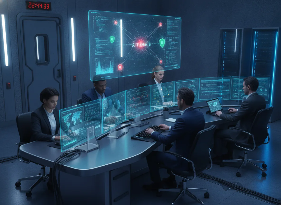 Equipe em sala de controle analisando dados de IA e cibersegurança | Imagine Company - Agência de Marketing e Vendas em Goiânia - GO - BRASIL