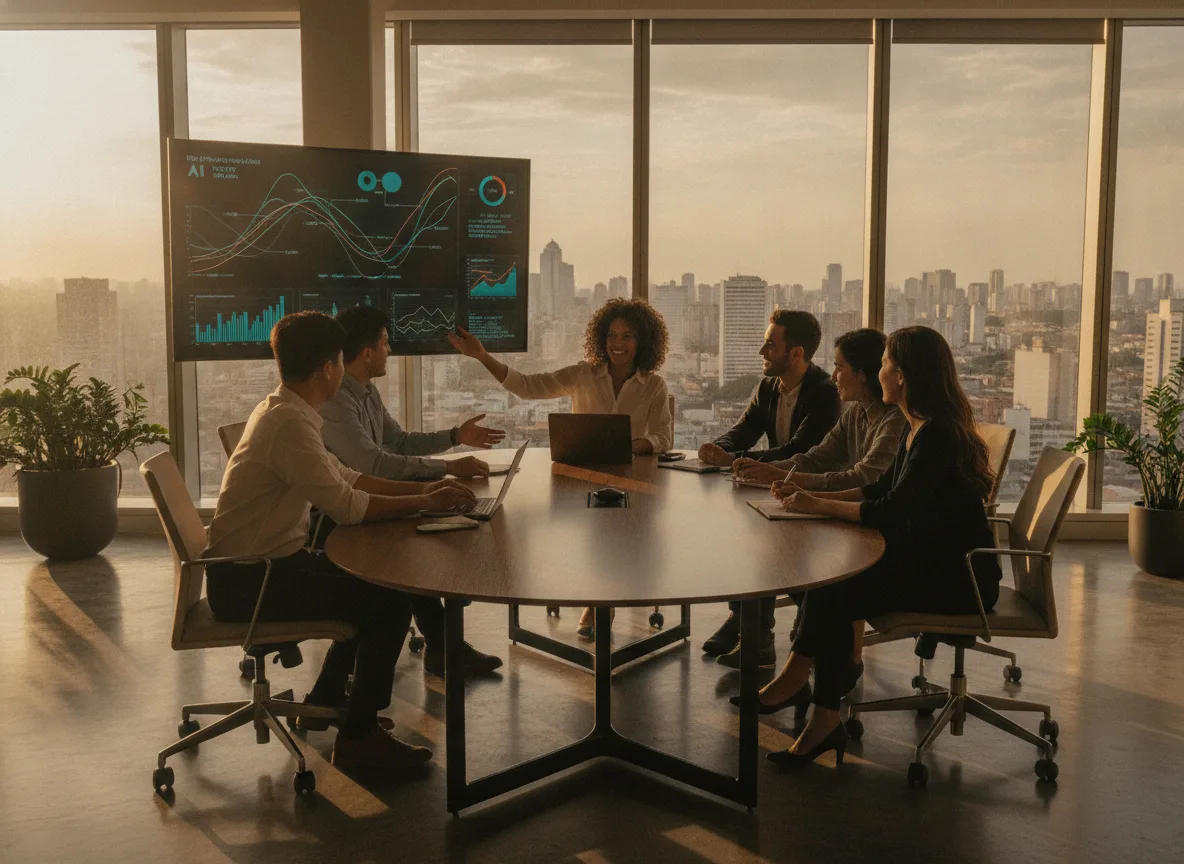 Pessoas em reunião discutindo gráficos de IA em sala de conferência | Imagine Company - Agência de Marketing e Vendas em Goiânia - GO - BRASIL