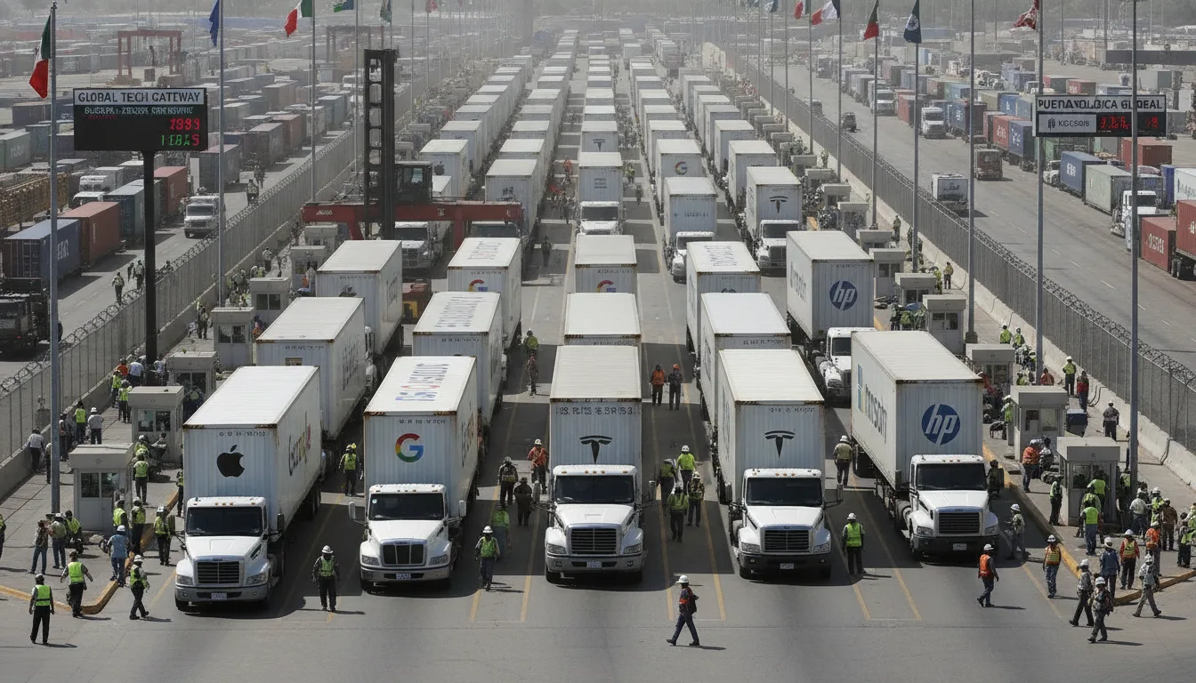 Fila de caminhões na fronteira México-EUA com logotipos de empresas de tecnologia | Imagine Company - Agência de Marketing e Vendas em Goiânia - GO - BRASIL