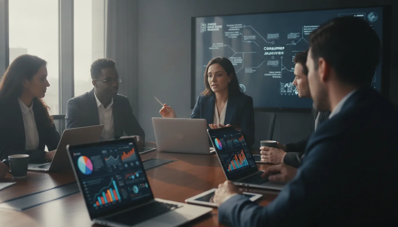 Reunião de equipe analisando dados de IA em laptops e tela grande | Imagine Company - Agência de Marketing e Vendas em Goiânia - GO - BRASIL