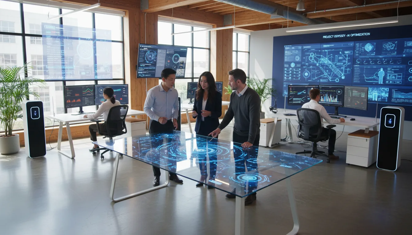 Pessoas analisam dados de IA em mesa digital em escritório moderno | Imagine Company - Agência de Marketing e Vendas em Goiânia - GO - BRASIL